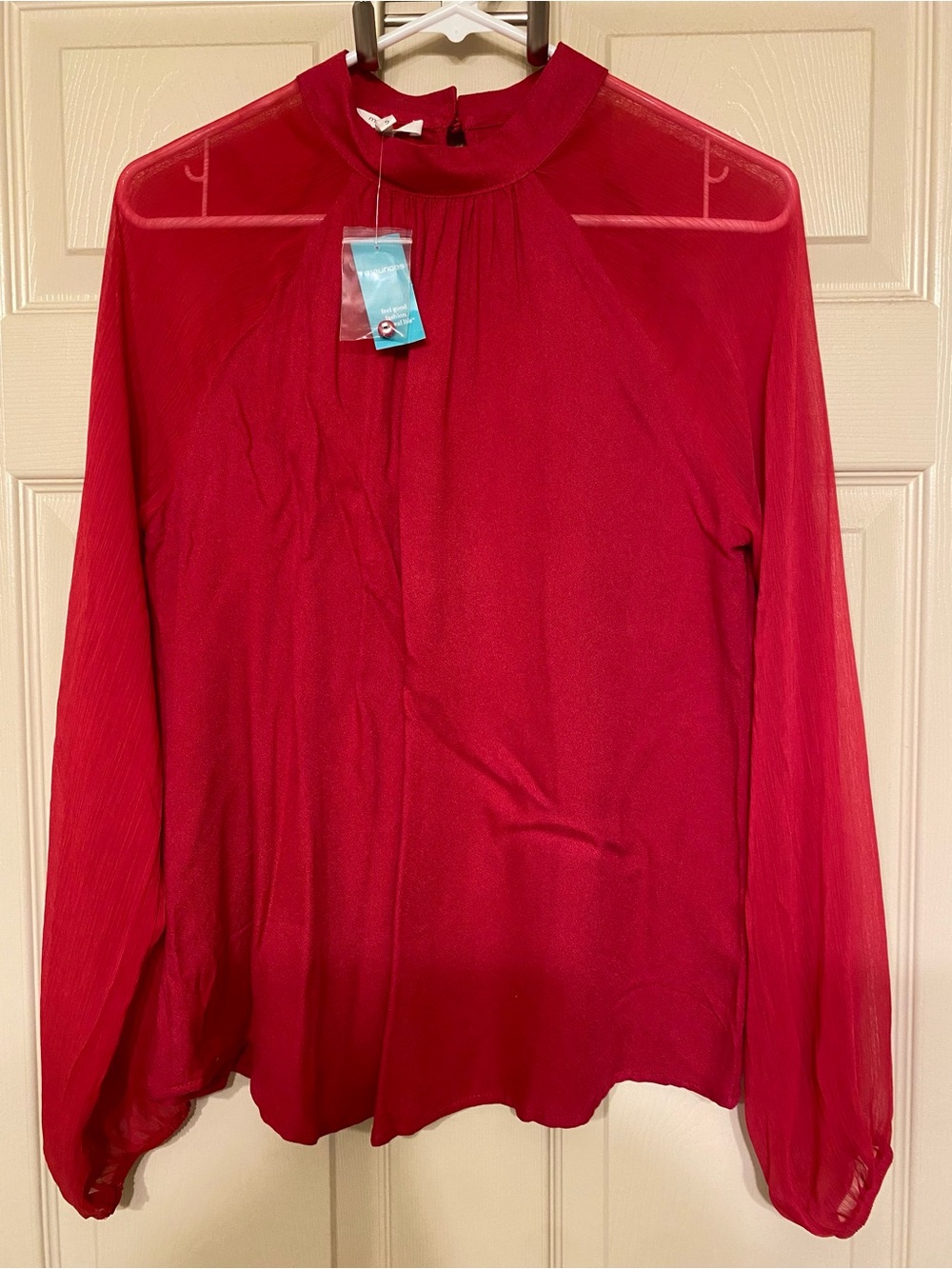 NWT Maurices Red Mock Neck Sheer-Sleeve Blouse